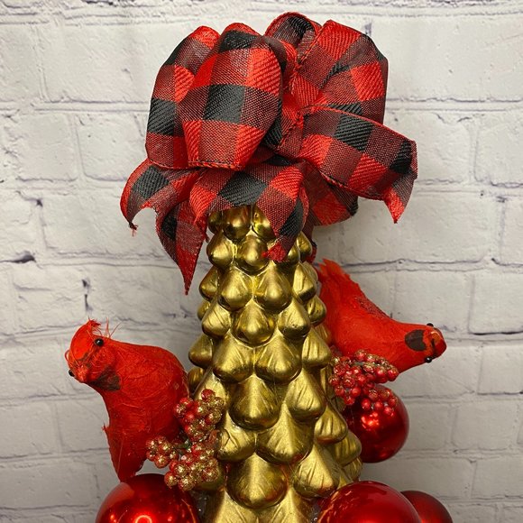 Christmas Gold Cardinal Bird Tree Center Piece Decor RED BUFFALO PLAID - Picture 2 of 6